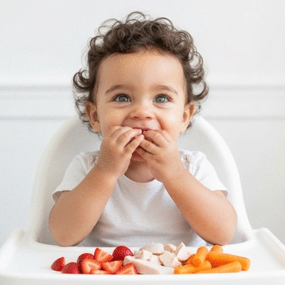 Happy toddler eating healthy food with hands, BLW method, no text, no words, no typography, clean image