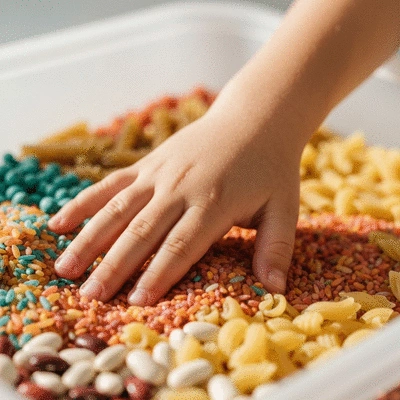 Child's hand exploring various textures in a sensory bin