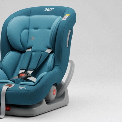 Child comfortably seated in a 360-degree car seat, smiling, with a blurred car interior background, no text, no words, no typography