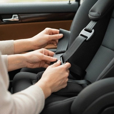 Ręce rodzica mocujące pasy bezpieczeństwa w foteliku samochodowym dla dziecka, no text, no words, no typography, no labels, clean image