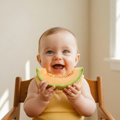 Baby sitting in a high chair eating a soft piece of fruit with hands, smiling, clean background, no text, no words, no typography, no labels, clean image