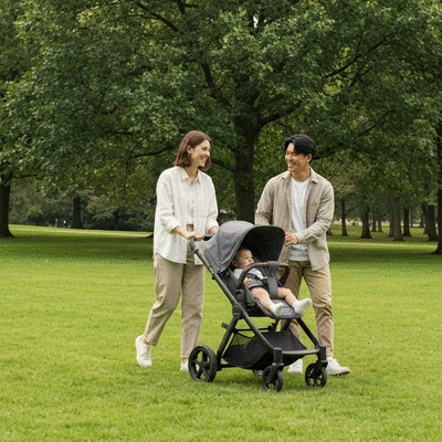 Parents happily pushing a modern stroller in a park, sunny day, clean image