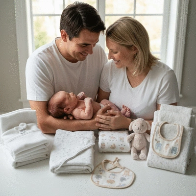 Happy parents holding a baby, surrounded by neatly organized baby clothes and accessories
