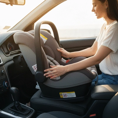 Ręce rodzica sprawdzające stabilność fotelika samochodowego w samochodzie, no text, no words, no typography, no labels, clean image