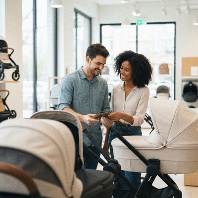 Parents reviewing and choosing a safe stroller in a store