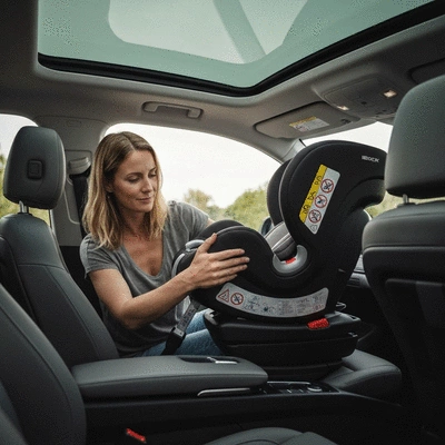 Parent installing a child car seat with ISOFIX system, modern car interior, no text, no words, no typography, no labels, clean image