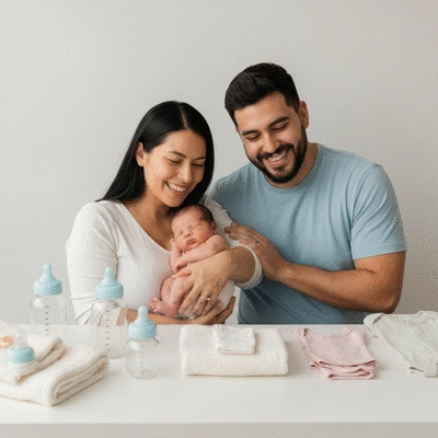Happy parents holding a newborn baby, surrounded by essential baby items, clean minimalist aesthetic