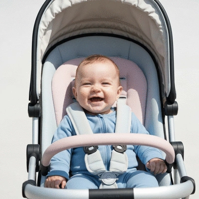 Happy baby in a safe and comfortable stroller, natural lighting, clean image
