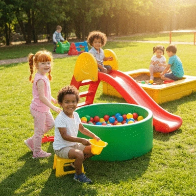 Happy preschoolers playing with outdoor toys on a sunny day, bright and colorful