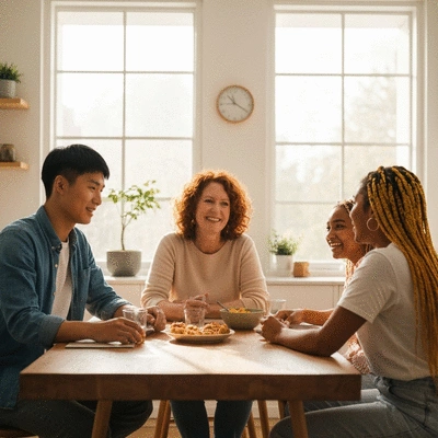 Parent and child cooking together in a kitchen