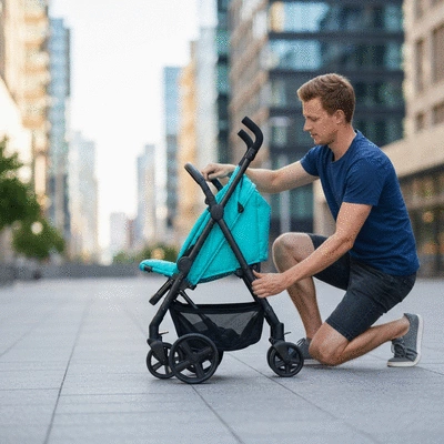 Modern lightweight stroller being easily folded by a parent in an urban setting