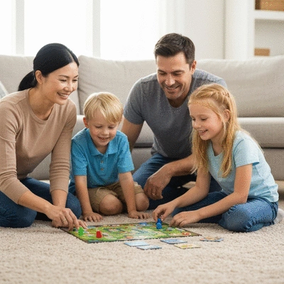 Happy family playing a board game together on a living room floor, representing family bonding and interactive play, no text, no words, no typography, 8K