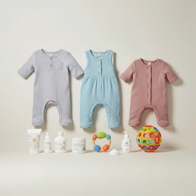 A diverse collection of baby products like clothes, toys, and care items, neatly arranged on a light background