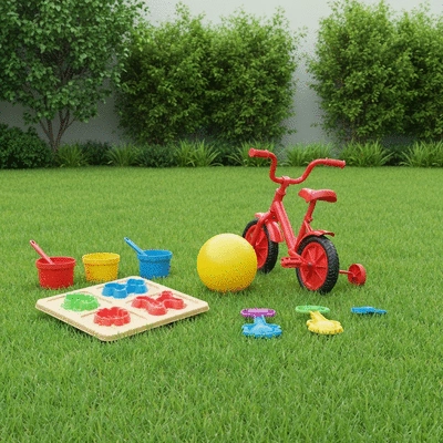 Variety of colorful outdoor toys for preschoolers, arranged neatly on green grass