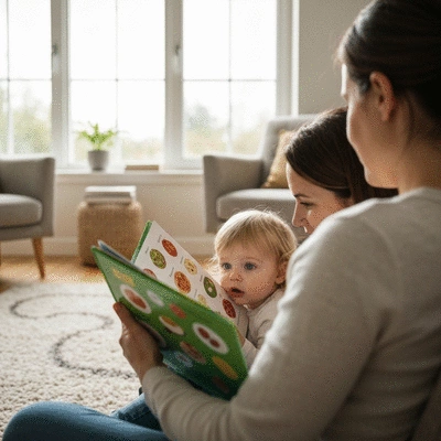 Parent and child reading a book together about allergies