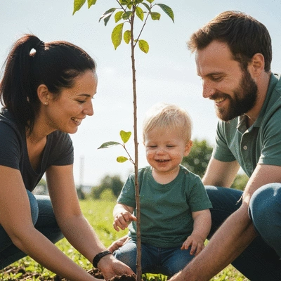 Parents and child planting a tree together, symbolizing sustainable development and a healthy future, bright outdoor setting, no text, no words, no typography, no labels, clean image