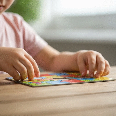 Child's hands arranging colorful puzzle pieces on a table