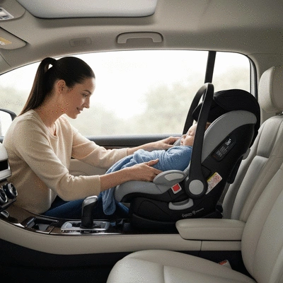 Parent easily placing a baby into a 360-degree rotating car seat in a car, clean modern interior, no text, no words, no typography
