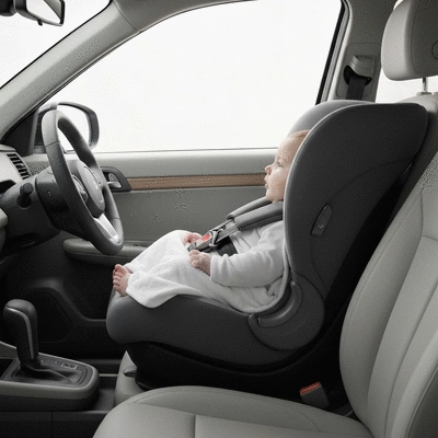 Niemowlę bezpiecznie zapięte w nowoczesnym foteliku samochodowym, widok z boku, wnętrze samochodu, no text, no words, no typography, clean image