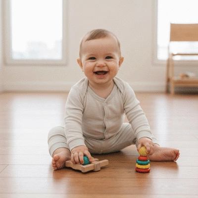 Happy baby in organic cotton clothes, surrounded by eco-friendly toys on a natural wooden floor, bright and airy room, no text, no words, no typography, no labels, clean image