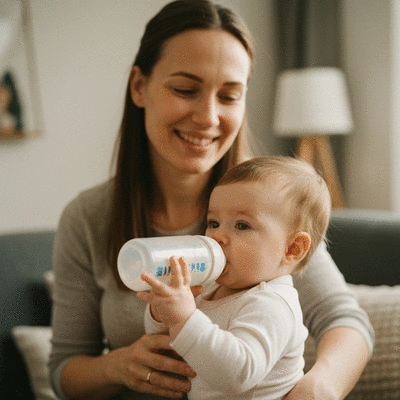 Niemowlę spokojnie pijące z butelki antykolkowej, matka uśmiecha się w tle