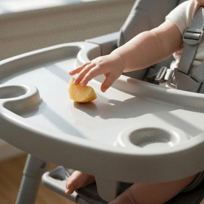 Close-up of a baby's hand reaching for food on a high chair tray, showing safety straps and adjustable features, no text, no words, no typography, clean image