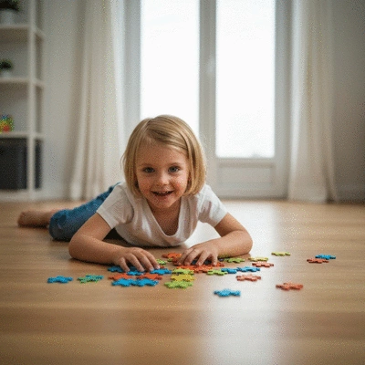 Child playing with colorful puzzle pieces on a wooden floor