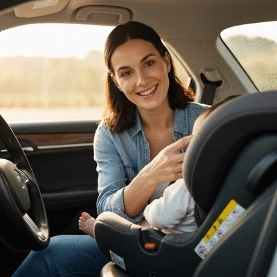 Szczęśliwa matka wkładająca niemowlę do fotelika samochodowego, uśmiech, no text, no words, no typography, clean image