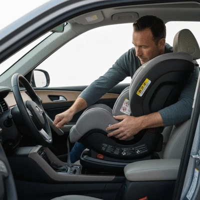 Parent carefully installing a car seat in a car, focusing on safety features and secure installation
