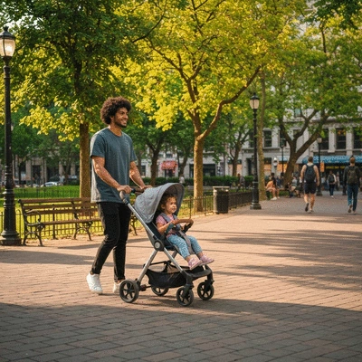 Parent easily maneuvering a modern lightweight stroller through a city park