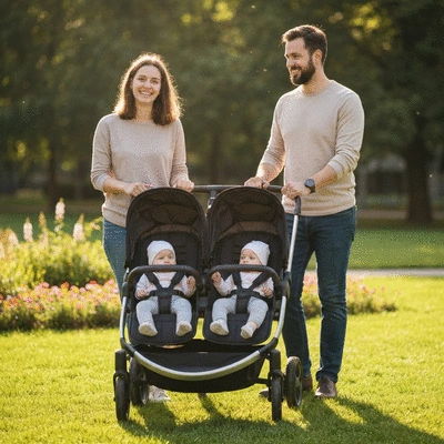 Happy parents with twin babies in a double stroller during a sunny park walk