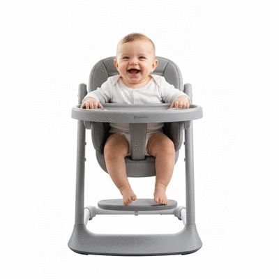 Happy baby sitting in a modern high chair with adjustable features, no text, no words, no typography, clean image