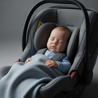 Infant sleeping peacefully in a modern car seat, with soft lighting and focus on comfort