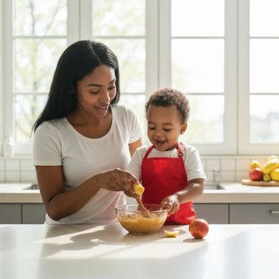 Parent and toddler cooking together in a clean modern kitchen, BLW, no text, no words, no typography, clean image
